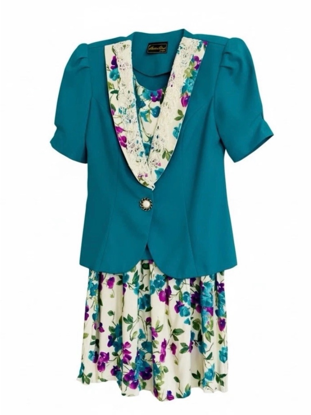 Vintage 80s Teal Blazer Pleated Floral Skirt Set 10 Secretary Career Officewear